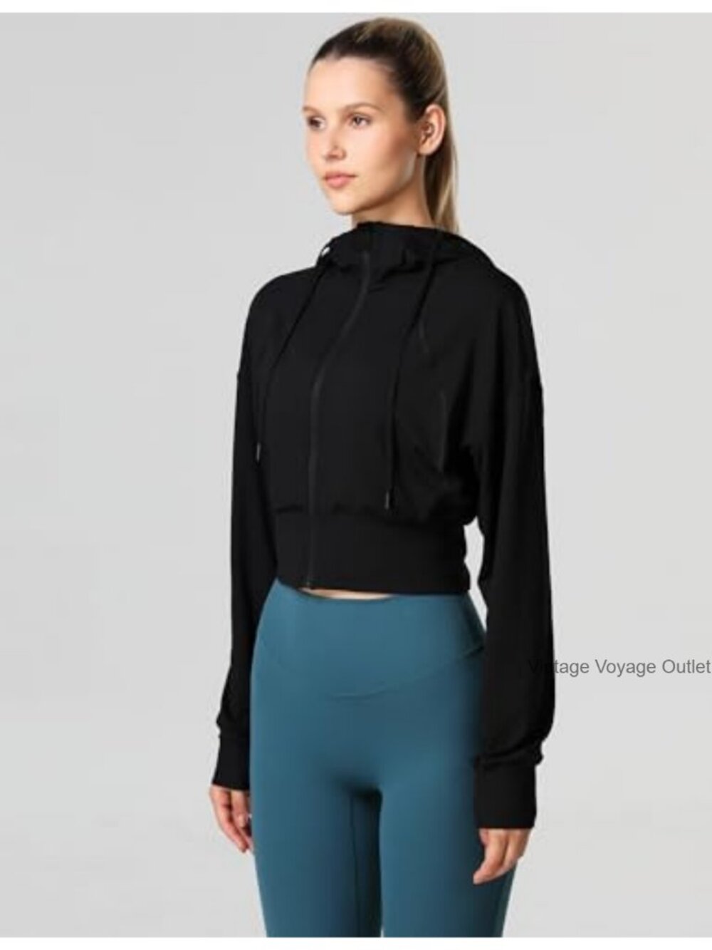 Cropped Full Zip Athletic Hoodie for Women Long Sleeve Workout Yoga Track Jacket - Picture 2 of 5